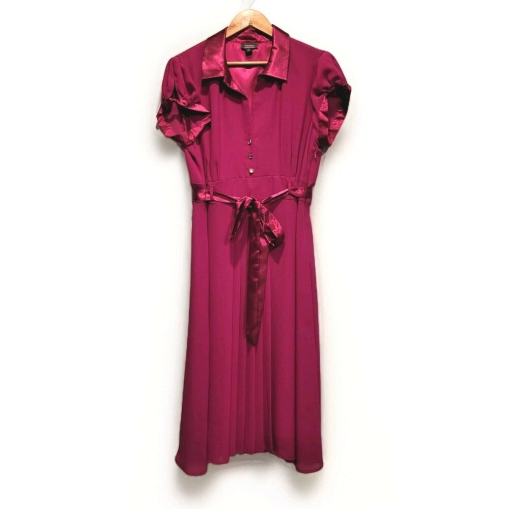 Vtg Dress Barn Fuchsia Chiffon Satin Trim Belted Fit & Flare Midi Dress 16